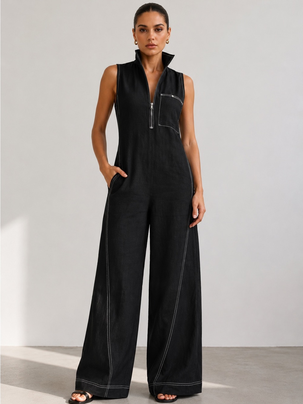 Black Cotton Linen Bohemian Contrast Stitch Wide Leg Jumpsuit Women Chic